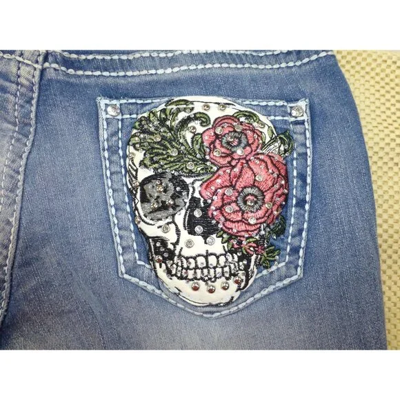 Sky Premium Collection Low Rise Flare Embroidered Skull & Floral Denim Jeans 11/ - Picture 4 of 15